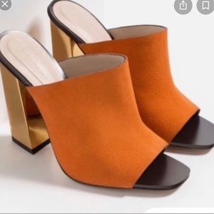 Zara orange suede gold mules